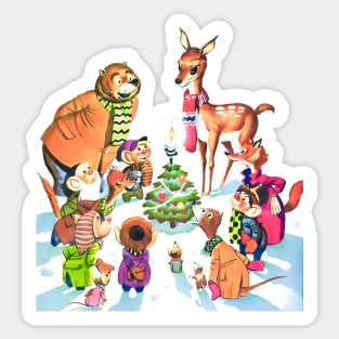 Happy animals celebrate Christmas night around the pine tree and its bright star Retro Vintage Comic Cartoons Sticker